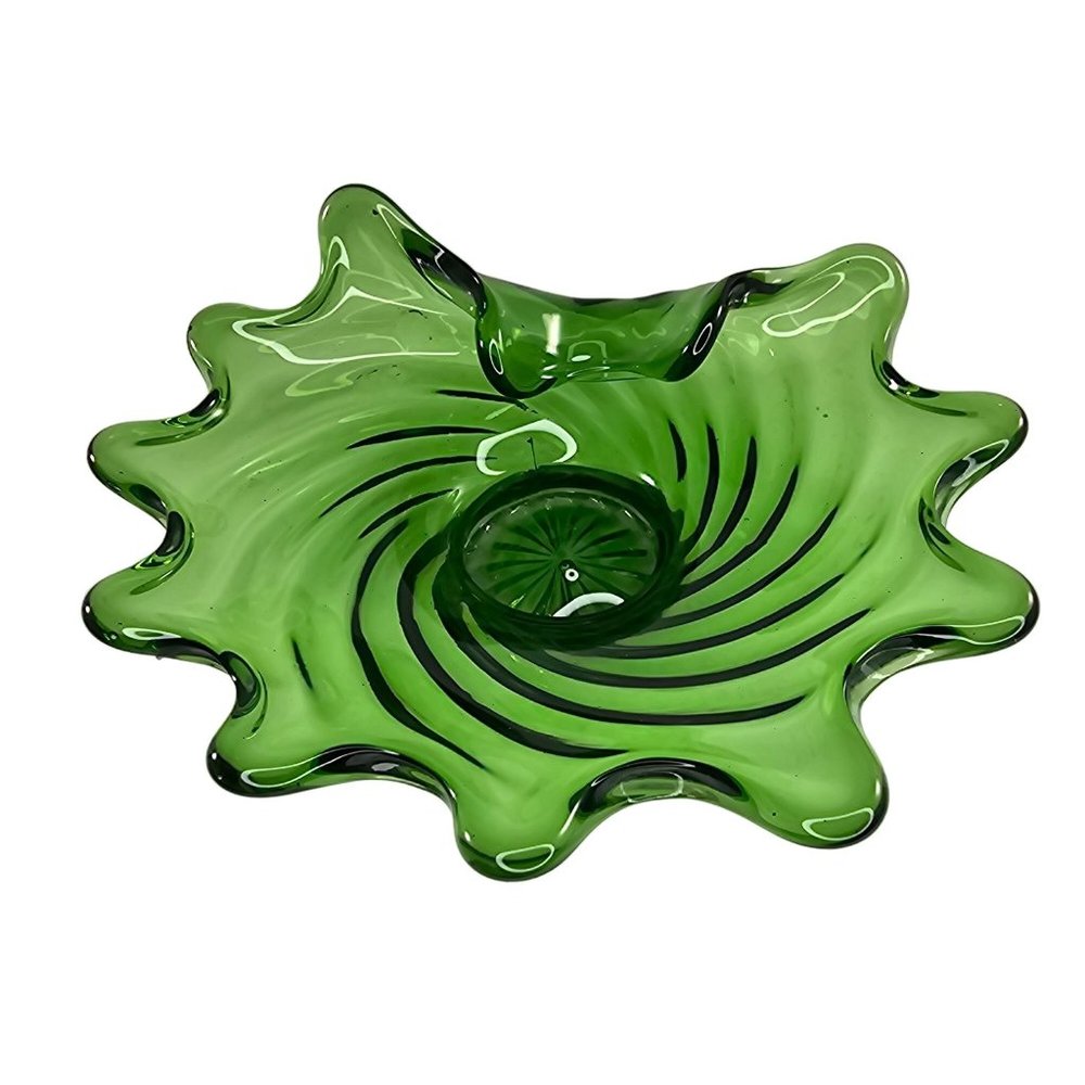 Art Glass Folded Swirl Candy Bowl Trinket Dish Green Vintage